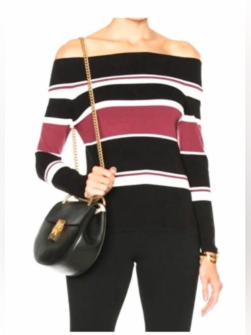 Veronica Beard Off The Shoulder Top Audrey Black Cream & Brick Striped Sz Small - Picture 2 of 8